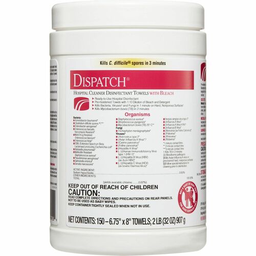 Dispatch Hospital Cleaner Disinfectant Towels with Bleach - Ready-To-Use - 32 oz (2 lb) - 8" Length x 6.75" Width - 150 / Canister - 1 Each - White