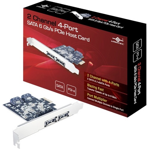 Vantec 2 Channel 4-Port SATA 6 Gb/s PCIe Host Card - Serial ATA/600 - PCI Express x1 - 4 Total SATA Port(s) - 2 SATA Port(s) Internal - 2 SATA Port(s) External