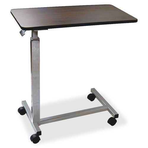 Medline Economy Overbed Table - Rectangle Top - Chrome U-shaped Base - 50 lb Capacity - 30" to 42" Adjustment - 30" Table Top Length x 15" Table Top Width - 42" Height - Walnut - 1 Each