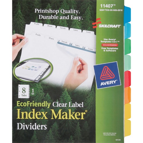 SKILCRAFT 8-Tab Set Index Maker Dividers - 8 Print-on Tab(s) - 8.5" Divider Width x 11" Divider Length - Letter - Assorted Tab(s) - 1 / Set