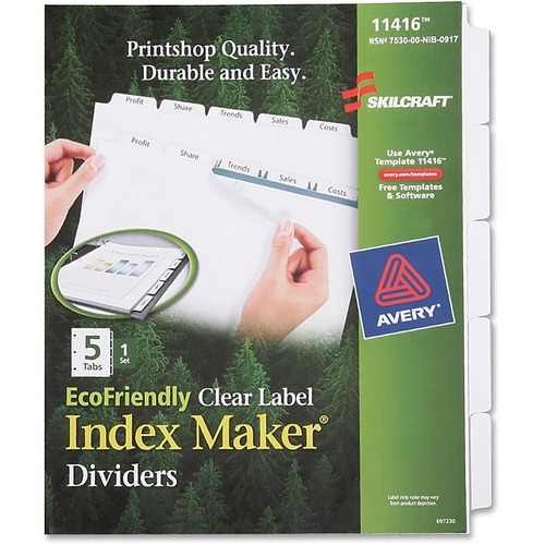 SKILCRAFT Clear Label Index Maker Dividers - 5 Print-on Tab(s) - 8.5" Divider Width x 11" Divider Length - Letter - White Divider - 1 / Set