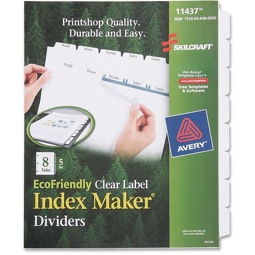 SKILCRAFT 8-Tab Clear Label Index Maker Dividers - 8 Print-on Tab(s) - 8.5" Divider Width x 11" Divider Length - Letter - White Divider - 1 / Set