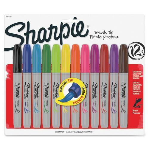 Sharpie Brush Tip Permanent Markers - Fine Marker Point - Brush Marker Point Style - Berry, Black, Blue, Brown, Green, Lime, Magenta, Orange, Purple, Red, Turquoise, ... - 12 / Pack