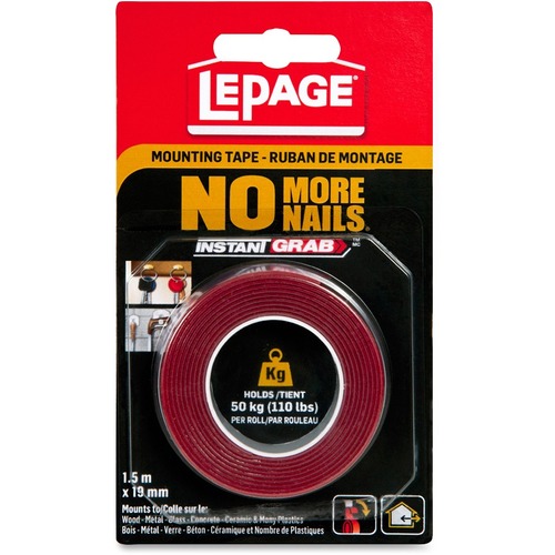 LePage's No More Nails Mounting Tape - 5 ft (1.5 m) Length x 0.75" (19.1 mm) Width - 12 / Pack - Red