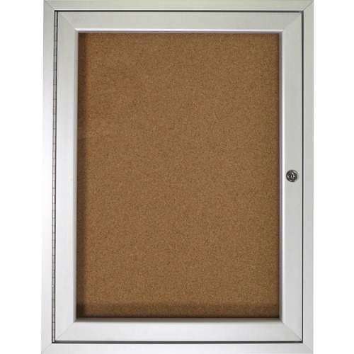 Ghent 1 Door Enclosed Natural Cork Bulletin Board with Satin Frame - 36" Height x 30" Width - Natural Cork Surface - Locking Door, Self-healing, Illuminated, Tamper Proof - Satin Aluminum Frame - 1 Each - TAA Compliant