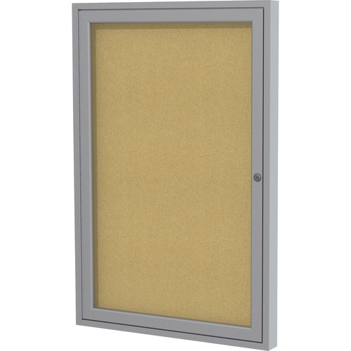 Ghent 1 Door Enclosed Natural Cork Bulletin Board with Satin Frame - 24" Height x 18" Width - Natural Cork Surface - Locking Door, Self-healing, Illuminated, Tamper Proof - Satin Aluminum Frame - 1 Each - TAA Compliant