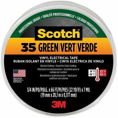 Scotch Insulating Tape - 22 yd Length x 0.75" Width - 3" Core - Green - Vinyl - Polyvinyl Chloride (PVC) Backing - Rubber Adhesive - For Identifying, Color Coding, Pipe, Electrical, Marking, Insulating - 1 Roll