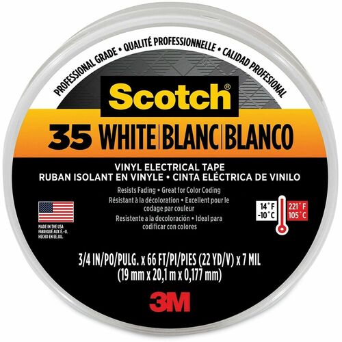 Scotch Insulating Tape - 22 yd Length x 0.75" Width - 3" Core - White - Vinyl - Polyvinyl Chloride (PVC) Backing - Rubber Adhesive - For Identifying, Color Coding, Pipe, Electrical, Marking, Insulating - 1 Roll