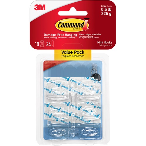 Command Mini Clear Hooks with Clear Strips - 7.94 oz (225 g) Capacity - 1.1" Length - Plastic - Clear - 18 / Pack