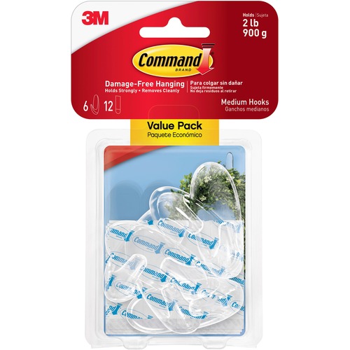 Command 2 lb. Strips Medium Hanging Hooks - 6 Medium Hook - 907.2 g Capacity - 2.38" (60.33 mm) Length - for Pictures, Mirror - Plastic - Clear - 6 / Pack