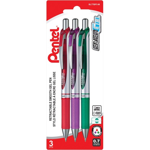 EnerGel RTX Liquid Gel Pen - 0.7 mm Pen Point Size - Refillable - Retractable - Black, Red, Blue Gel-based Ink - Metal Tip - 3 Pack