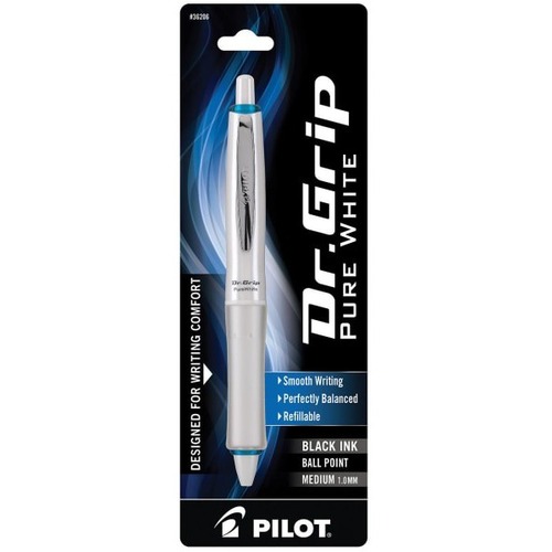 Dr. Grip Retractable Ballpoint Pen, Medium Point, 1.0 mm, White Barrel, Black Ink - 0.1 mm Medium Pen Point - Refillable - Retractable - Black Ink - Oil Based - White Rubberized Barrel - 1 Each