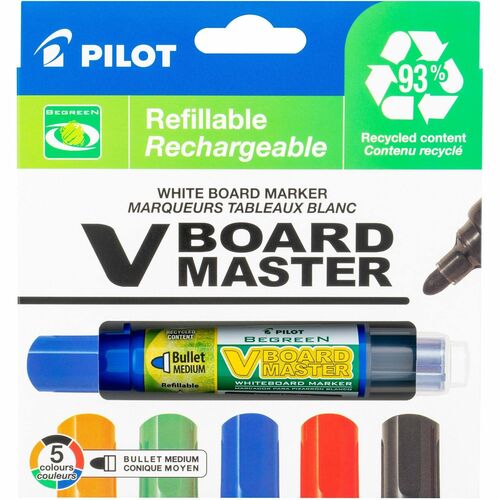 Pilot BeGreen VBoard Master Medium Bullet Marker - Medium Marker Point - Bullet Marker Point Style - Refillable - 5 / Pack