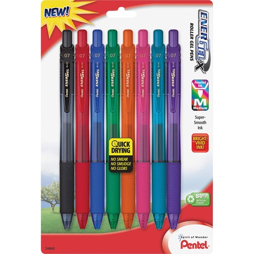 EnerGel EnerGel-X Retractable Gel Pens - Medium Pen Point - 0.7 mm Pen Point Size - Refillable - Retractable - Assorted Gel-based Ink - Assorted Barrel - Metal Tip - 8 / Pack