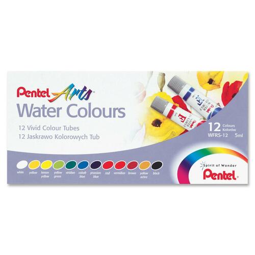 Pentel Arts Water Colors, Set of 12 - 5 mL - 12 / Set - White, Prussian Blue, Yellow, Red, Lemon Yellow, Yellow Green, Brown, Viridian, Yellow Ochre, Cobalt Blue, Black, ...