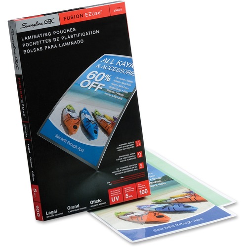 GBC Fusion EZUse Laminating Pouches - Sheet Size Supported: Legal 8.50" Width x 14" Length - Laminating Pouch/Sheet Size: 8.75" Width x 14.25" Length x 5 mil Thickness - Glossy - for Document - UV Resistant, Durable, Fade Resistant - Clear - 100 / Box