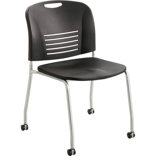 Safco Vy Straight Leg Stack Chairs with Casters - Plastic Seat - Plastic Back - Powder Coated Steel Frame - Four-legged Base - Black - Polypropylene - 2 / Carton
