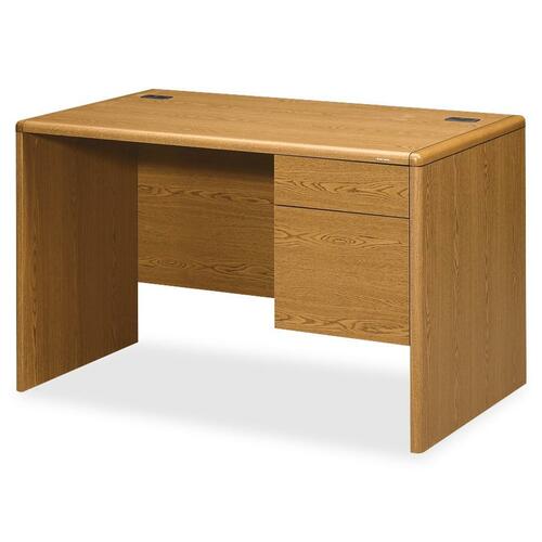 HON Small Office Desk - 2-Drawer - 48" x 30" x 1.1" x 29.5" - 2 x Box, File Drawer(s) - Single Pedestal on Right Side - Waterfall Edge - Material: Hardwood, Particleboard - Finish: Harvest, Laminate - Cord Management, Modesty Panel, Abrasion Resistant, St