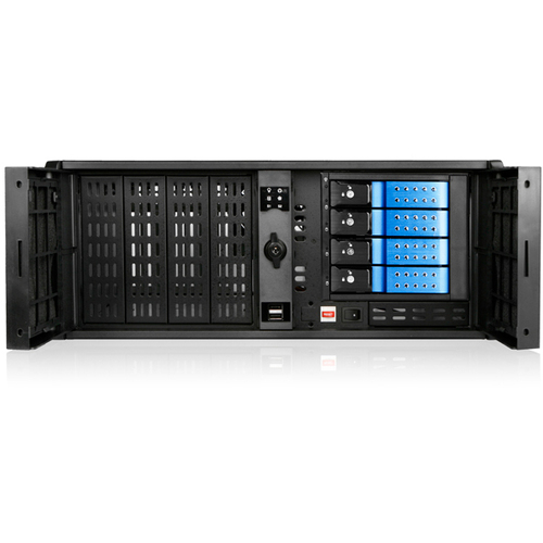 iStarUSA 4U Compact Stylish 4x3.5" Trayless Hotswap Rackmount Chassis - Rack-mountable - Black, Blue, Black - Plastic, Zinc-coated Steel - 4U - 10 x Bay - 1 x Fan(s) Installed - ATX, Micro ATX Motherboard Supported - 2 x Fan(s) Supported - 4 x External 5.