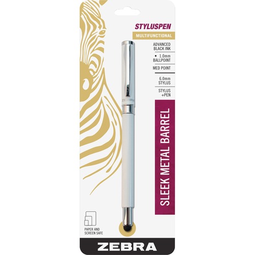 Zebra Pen 1.0mm Ballpoint Pen/Stylus Combo - 1 Pack - Metal - White - Stylus - ZEB33201