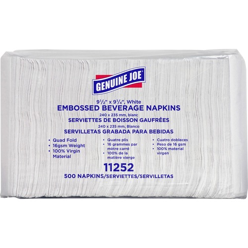 Genuine Joe Quad-fold Square Beverage Napkins - 1 Ply - 9.50" Width x 9.50" Length - White - 500 Pack - 8 / Carton