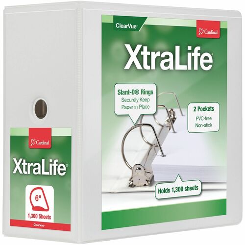 Cardinal Xtralife ClearVue Locking Slant-D Binders - 6" Binder Capacity - Letter - 8 1/2" x 11" Sheet Size - 1300 Sheet Capacity - 5 1/2" Spine Width - 3 x D-Ring Fastener(s) - 2 Inside Front & Back Pocket(s) - Polyolefin - White - 1.02 kg - Recycled - No