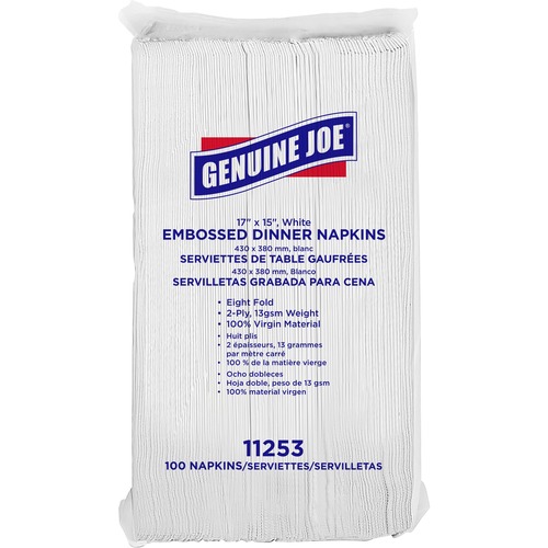 Genuine Joe Embossed Dinner Napkins - 2 Ply - 1/8 Fold - 17" x 15" - White - 100 Per Pack - 30 / Carton