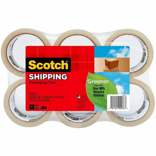 Scotch Greener Commercial-Grade Shipping/Packaging Tape - 54.60 yd Length x 1.88" Width - 3.1 mil Thickness - 3" Core - Synthetic Rubber Resin - Split Resistant - For Packing, Sealing - 6 / Pack - Clear