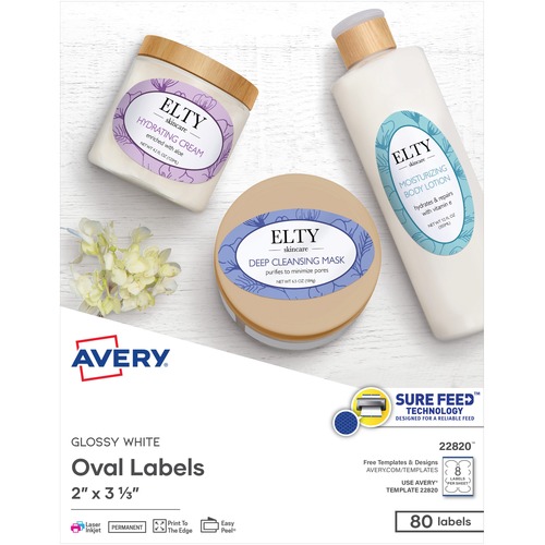 Avery® Easy Peel Oval Labels - 2" Width x 3 21/64" Length - Permanent Adhesive - Oval - Laser, Inkjet - White - Paper - 8 / Sheet - 10 Total Sheets - 80 Total Label(s) - 5