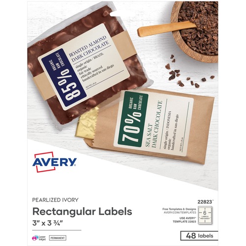 Avery® Rectangle Labels, Print to the Edge, Pearlized Ivory, 3" x 3-3/4" , 48 Labels (22823) - Permanent Adhesive - Rectangle - Laser, Inkjet - Ivory - Paper - 6 / Sheet - 8 Total Sheets - 48 Total Label(s) - 48 / Pack