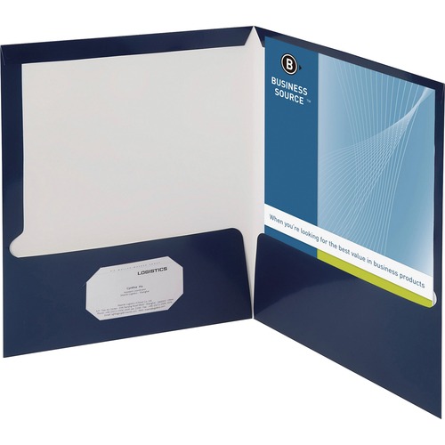 Business Source Letter Pocket Folder - 8 1/2" x 11" - 100 Sheet Capacity - 2 Internal Pocket(s) - Card Paper - Navy - 25 / Box