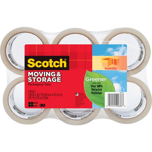 Scotch® Greener Long Lasting Moving & Storage Packaging Tape-6 Pack - 54.60 yd Length x 1.88" Width - 2.4 mil Thickness - 3" Core - Acrylic Backing - Temperature Resistant - For Mailing, Packing - 6 / Pack - Clear