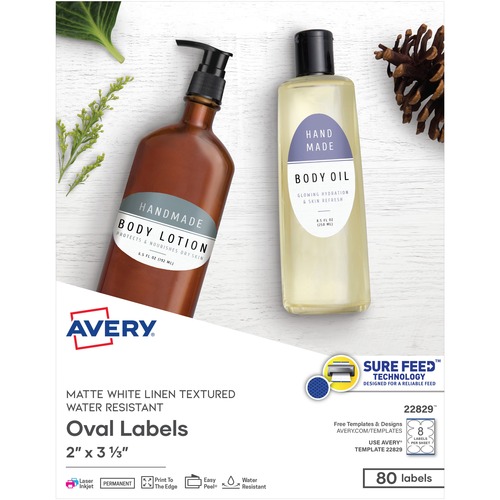 Avery® Easy Peel Labels -Sure Feed - Print-to-the-Edge - 2" Width x 3 21/64" Length - Permanent Adhesive - Oval - Laser, Inkjet - Matte White - Paper - 8 / Sheet - 10 Total Sheets - 80 Total Label(s) - 5 - Water Resistant