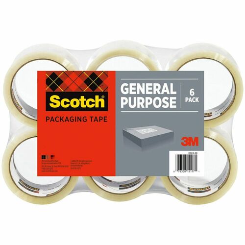 Scotch Lightweight Shipping/Packaging Tape - 109 yd Length x 1.88" Width - 2.2 mil Thickness - 3" Core - Synthetic Rubber Resin Backing - For Sealing, Packing - 6 / Pack - Clear