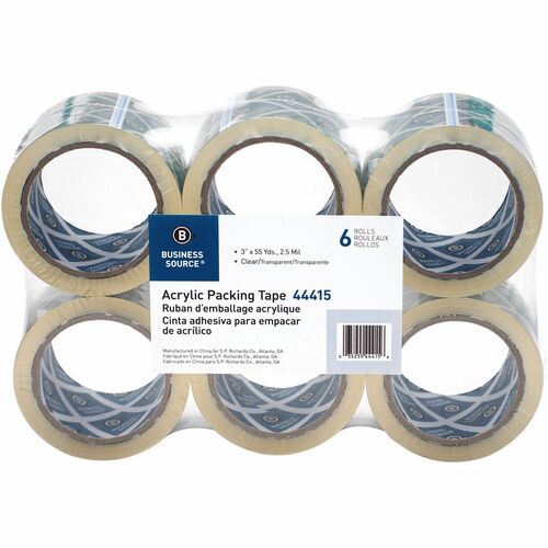 Business Source Acrylic Packing Tape - 55 yd Length x 3" Width - 2.5 mil Thickness - 3" Core - Pressure-sensitive Poly - Acrylic Backing - For Mailing, Shipping, Storing - 6 / Pack - Clear