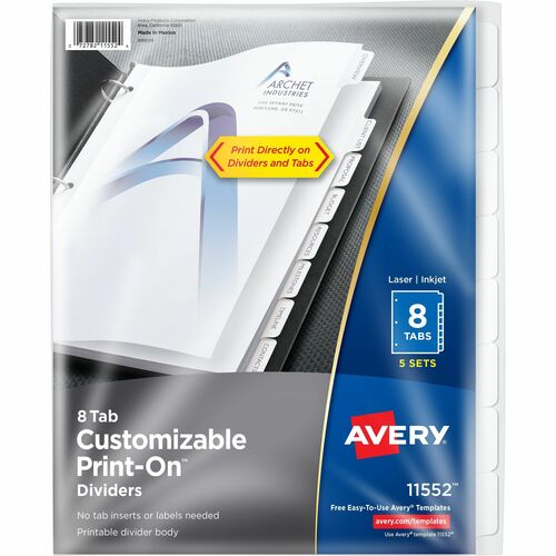 Avery® Customizable Print-On Dividers - 40 x Divider(s) - Print-on Tab(s) - 8 - 8 Tab(s)/Set - 8.5" Divider Width x 11" Divider Length - 3 Hole Punched - White Paper Divider - White Paper Tab(s) - Recycled - 1 / Pack