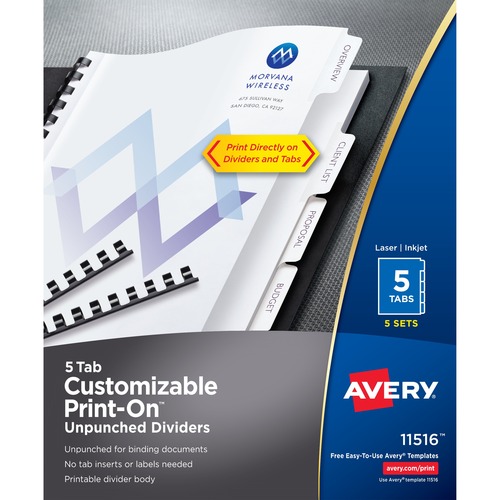 Avery® Unpunched Print-On Dividers - 25 x Divider(s) - Print-on Tab(s) - 5 - 5 Tab(s)/Set - 8.5" Divider Width x 11" Divider Length - White Paper Divider - White Paper Tab(s) - Recycled - 5 / Box