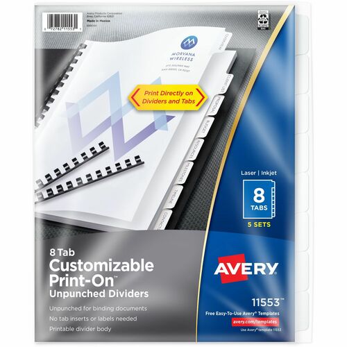 Avery® Unpunched Print-On Dividers - 40 x Divider(s) - Print-on Tab(s) - 8 - 8 Tab(s)/Set - 8.5" Divider Width x 11" Divider Length - White Paper Divider - White Paper Tab(s) - Recycled - 5 / Box