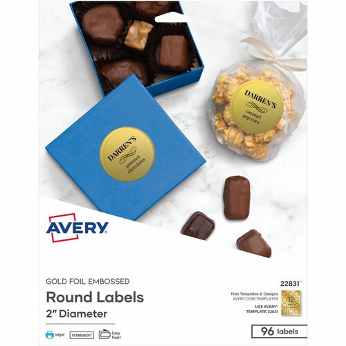 Avery® Promotional Label - - Width2" Diameter - Permanent Adhesive - Round - Inkjet - Gold - Paper - 12 / Sheet - 8 Total Sheets - 96 Total Label(s) - 5