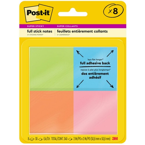 Post-it® Super Sticky Full Adhesive Notes - Energy Boost Color Collection - 240 - 2" x 2" - Square - 30 Sheets per Pad - Unruled - Green, Blue, Orange, Pink - Paper - Self-adhesive, Removable - 8 / Pack