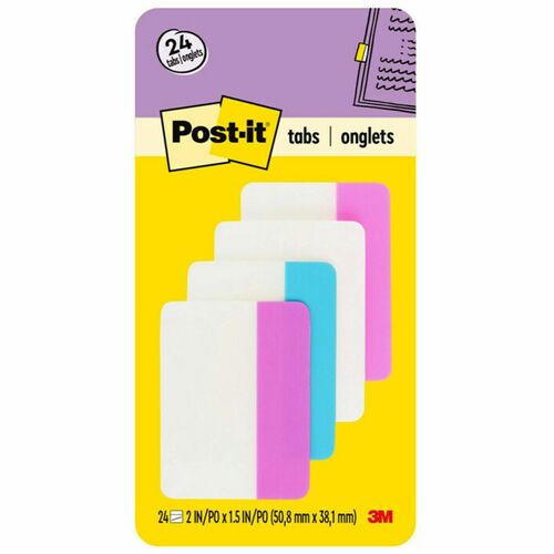 Post-it® Filing Tabs - Write-on Tab(s) - 1.50" Tab Height x 2" Tab Width - Purple, Blue, White, Pink Tab(s) - Reusable, Repositionable, Durable, Wear Resistant, Tear Resistant - 24 / Pack