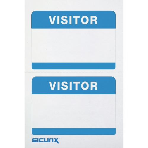 SICURIX Self-adhesive Visitor Badge - 3 1/2" Width x 2 1/4" Length - Removable Adhesive - Rectangle - White, Blue - 100 / Box - Self-adhesive, Easy Peel