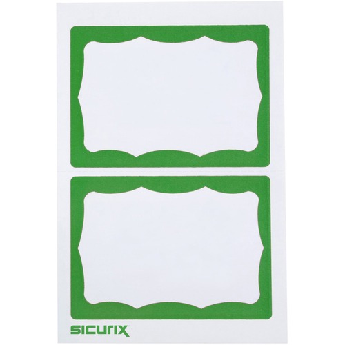 SICURIX Self-adhesive Visitor Badge - 3 1/2" Width x 2 1/4" Length - White, Green - 100 / Box - Self-adhesive, Removable, Easy Peel