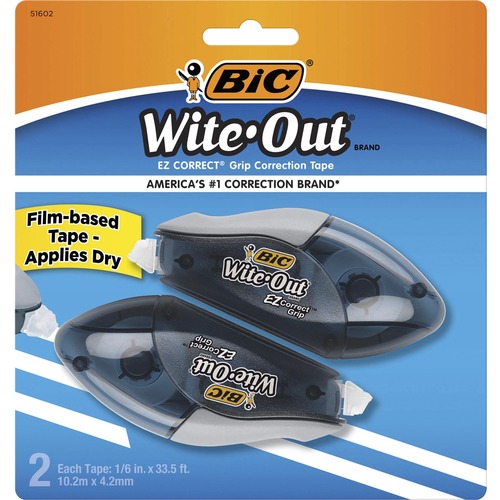 BIC Wite-Out EZ CORRECT Grip Correction Tape - 33.50 ft Length - 1 Line(s) - White Tape - Rubber Grip - 2 / Pack - White