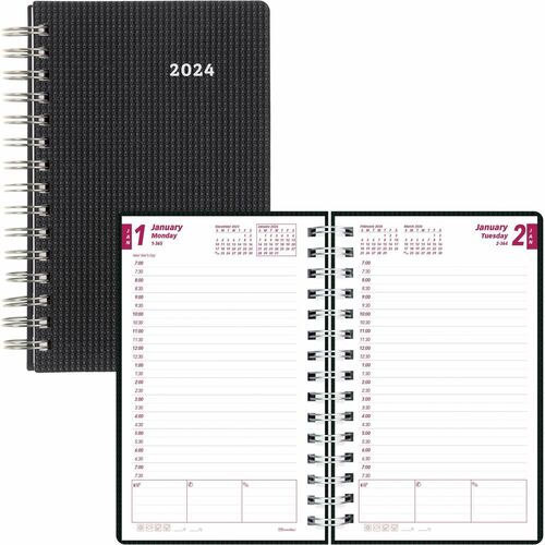Brownline DuraFlex Daily Appointment Book / Monthly Planner - Julian Dates - Daily - 12 Month - January 2024 - December 2024 - 7:00 AM to 7:30 PM - Half-hourly - 1 Day Single Page Layout - 8" x 5" Sheet Size - Twin Wire - Black - Poly - Heavy Duty, Appoin
