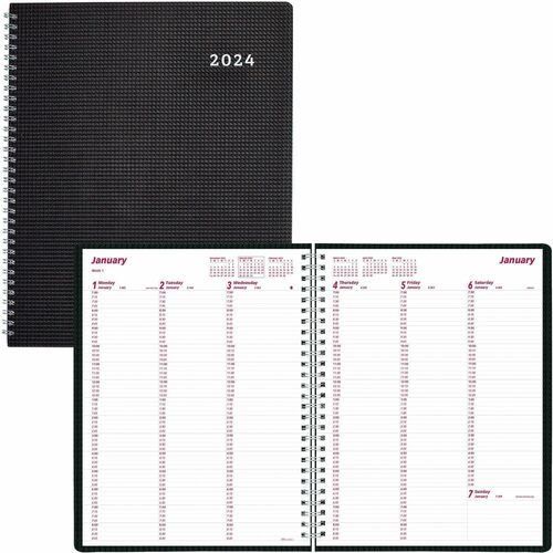Brownline DuraFlex Weekly Planner - Julian Dates - Weekly - 12 Month - January 2024 - December 2024 - 7:00 AM to 8:45 PM - Quarter-hourly, 7:00 AM to 5:45 PM - Quarter-hourly - 1 Week Single Page Layout - 11" x 8 1/2" Sheet Size - Twin Wire - Black - Poly