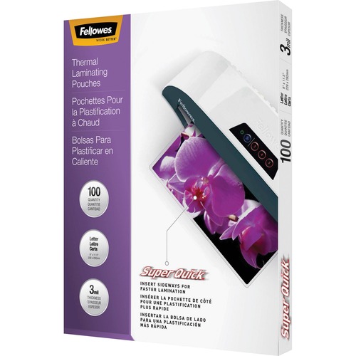 Fellowes Glossy SuperQuick Pouches - Letter, 3 mil, 100 pack - Sheet Size Supported: Letter - Laminating Pouch/Sheet Size: 9" Width x 3 mil Thickness - Type G - Glossy - for Document, Photo - Durable - Clear - 100 / Pack