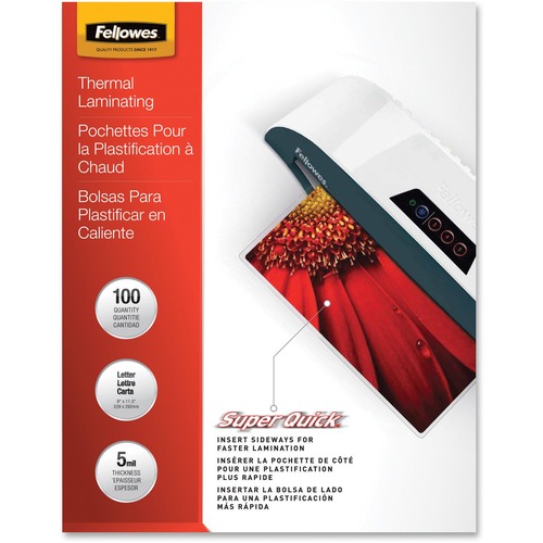 Fellowes Glossy SuperQuick Pouches - Letter, 5 mil, 100 pack - Sheet Size Supported: Letter - Laminating Pouch/Sheet Size: 9" Width x 5 mil Thickness - Type G - Glossy - for Document - Durable - Clear - 100 / Pack