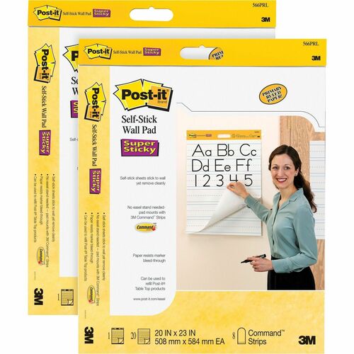 Post-it® Self-Stick Wall Pads - 20 Sheets - Stapled - Ruled Blue Margin - 18.50 lb Basis Weight - 20" x 23" - White Paper - Self-adhesive, Bleed Resistant, Repositionable, Resist Bleed-through, Removable, Sturdy Back, Cardboard Back - 2 / Pack