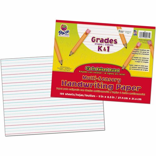 Pacon Grades K - 1 Multi - sensory Handwriting Tablet - Letter - 11" x 8.5" - Wide Rule - 100 Sheets/Pack - White